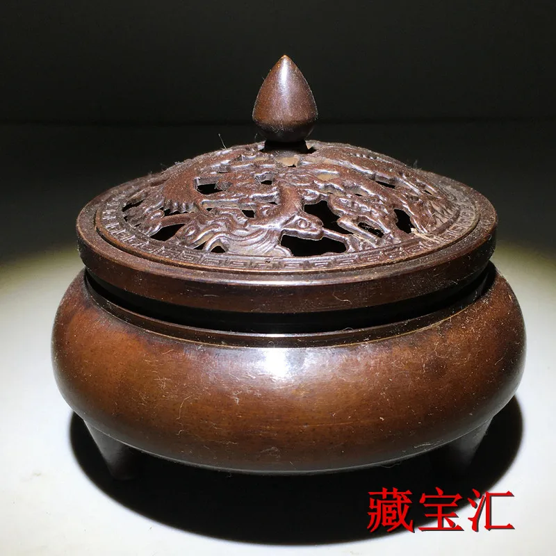 Vintage Bronze Tripod Incense Burner Xuande Mark Double Dragon Relief Openwork Lid Decoration