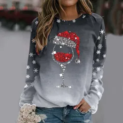 Christmas Fashion Women Xmas Wine Cup Long Sleeve Sweatshirt Cute Reindeer Graphic New Year Ladies Gradient Pullovers Female Top