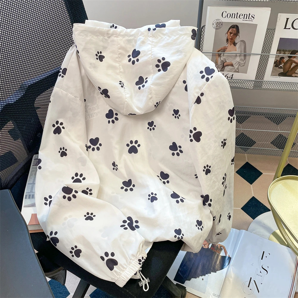 Japanse Schattige Hond Paw Print Capuchon Zonnebrandjas Voor Dames Zomer Losse Casual Lange Mouwen Vest Dameskleding