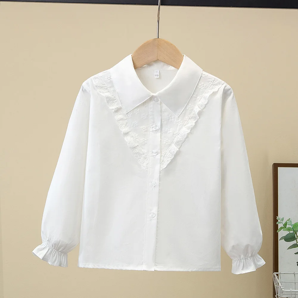 2026 Spring and Autumn New Girl's White Long Sleeved Shirt Beautiful Collar Suitable Children All-match