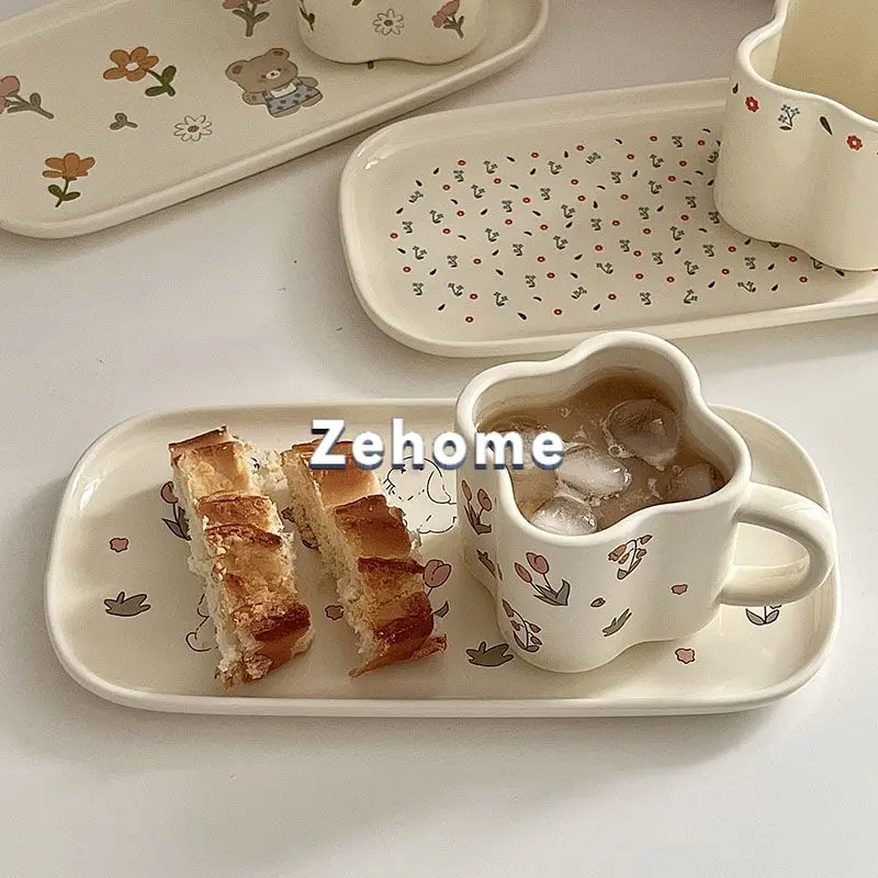 Korean breakfast plate ceremony tulip bear ceramic tray high value coffee milk cup Internet celebrity set