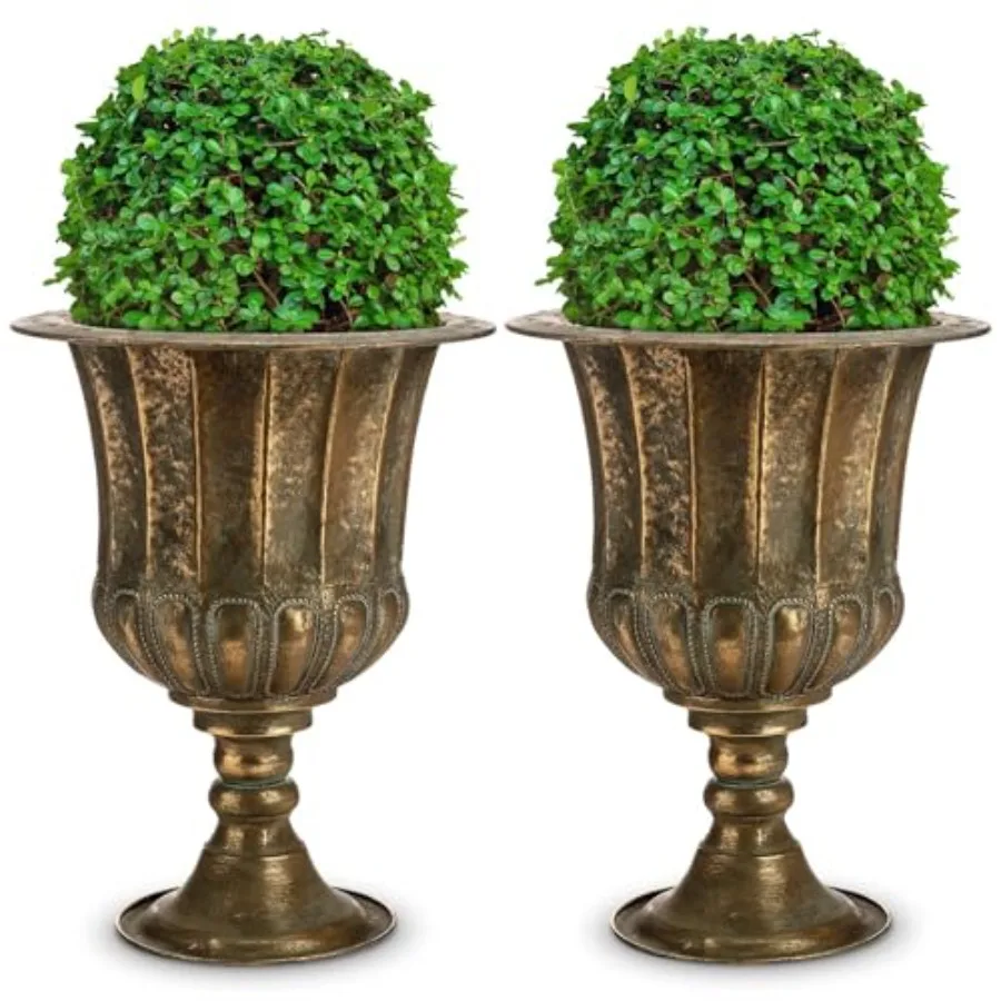 Outdoor metal urn planters, bronze iron, vintage rustic tall design, 18.5 H, 2 pcs, for front patio porch decoration