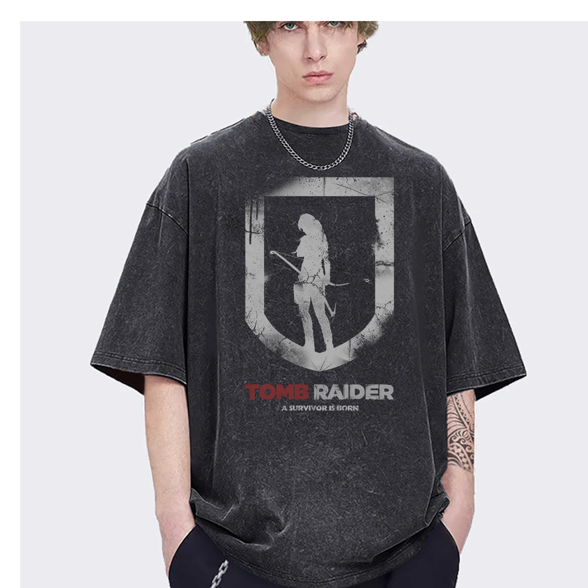 Games T-Tomb Raider Lara Croft Square Enix Graphics Oversized ins mens t-shirt Trendy Fashion Casual Vintage Washed Cotton Tees