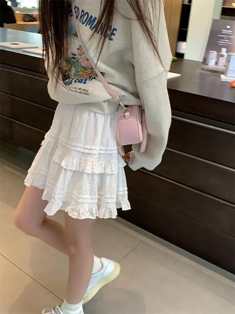 

Белая кружевная юбка с деревянной юбкой ain для женщин, пышная юбка трапециевидной формы с высокой талией и эффектом похудения, летняя мода