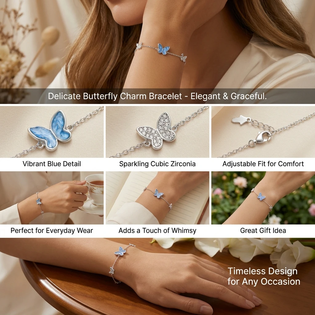 Boho Sommer Strand Exquisites Schmetterlings-Armband für Frauen und Teenager Romantischer Ozeanblauer Kristall-Charm Armreif Urlaubs-Schmuck Geschenk – Detail 3