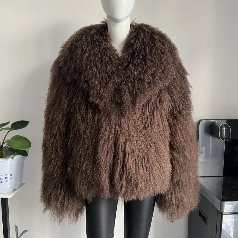 Beiziru Women's Mongolia Sheep Fur Coat Turn-down Collar Real  Warm Stylish Outerwear Jacket