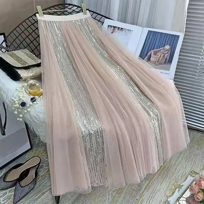 

2023 New Half Skirt Versatile High Waist Hemline Mesh Splice Shiny Sheet Autumn and Winter Heavy Industry Delicate A-line Skirt