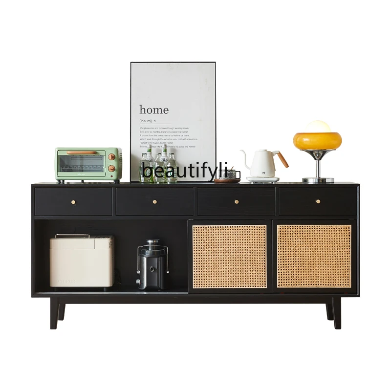 

Nordic Solid Wood Sideboard Modern Minimalist Wall Living Room Rattan Storage Floor-Standing Tea Cabinet