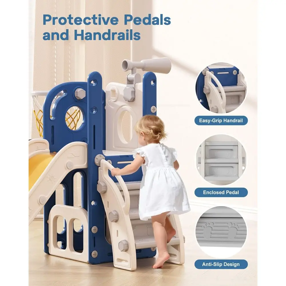 Glissière pour tout-petits 6 en 1, centre de jeu intérieur et extérieur avec basket-ball et télescope, pour les 1 à 3 ans, bleu et jaune