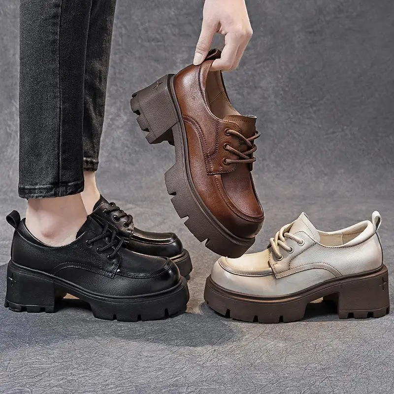 

Casual Style Leather Upgraded Flats Women's Shoes Thick Bottom Platform Lace-Up round Toe Fashionable Flat Colored Leather Shoes