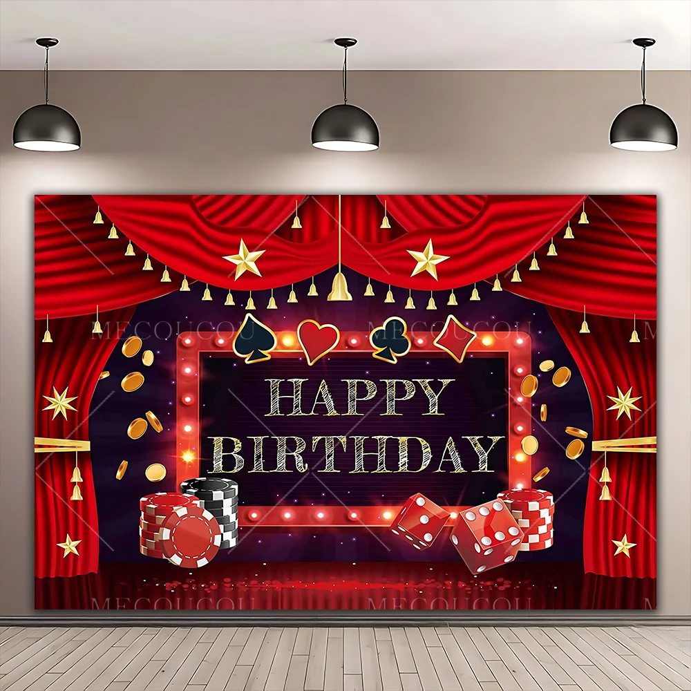 Red Gold Glitter Casino Backdrop Night Poker Las Vegas Play Card Roulette Curtain Birthday Party Banner Photo Custom Studio Prop view 3