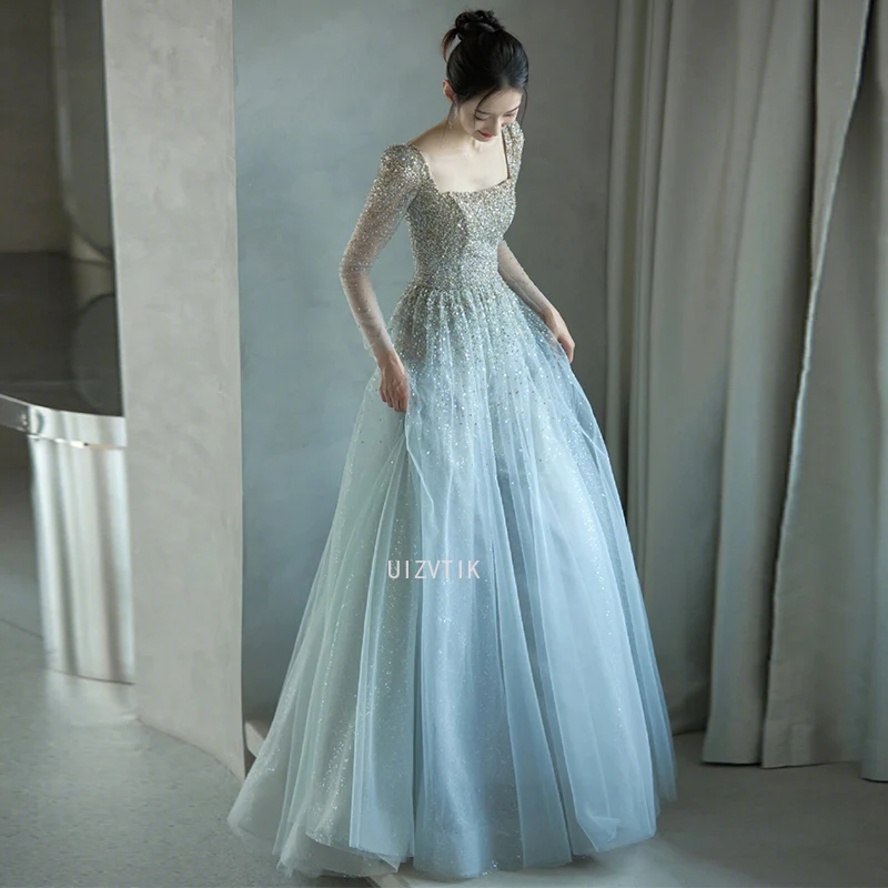 

Blue Luxury Long Party Evening Dress Women shiny Tulle Floor Length A-Line Prom Gowns Elegant Wedding Party Occasion Dresses