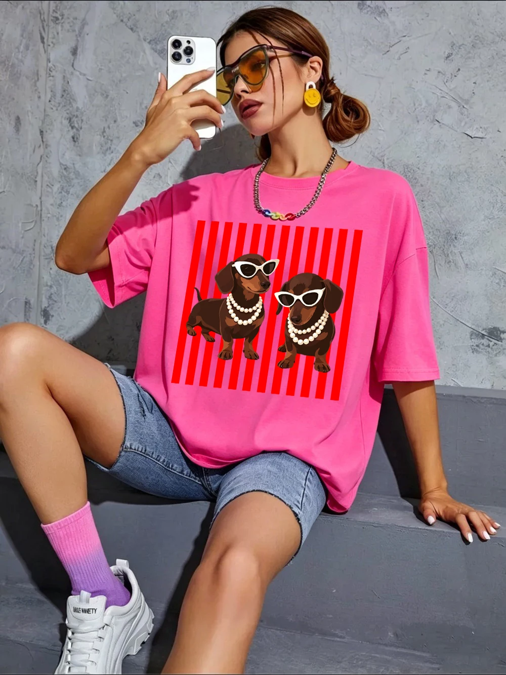 Pearl Dachshund Hundemotiv T-Shirts Baumwolle Damen Sommer Kurzarm T-Shirt Lässige Weiche Oversized Tops Basic O-Ausschnitt Kleidung – Detail 22