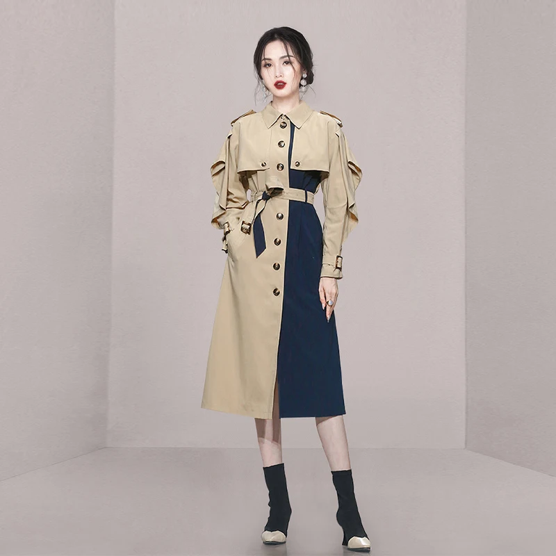 

Korean Contrast Colors Vintage Trench Coat For Women Lapel Ruffles Long Sleeve Belt Windbreaker 2023 Spring Clothes