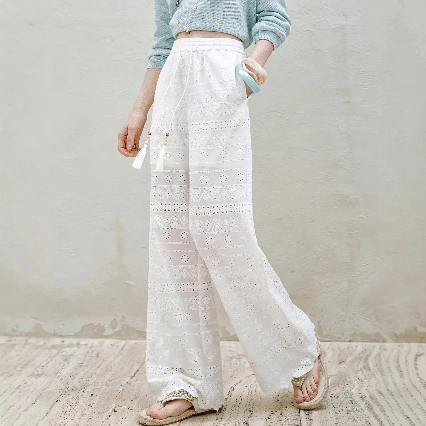 2026 New Arrival Women's Solid Elastic Waist Tie String Wide Leg Pants Elegant Slimming Versatile Daily Commuter Casual Trousers