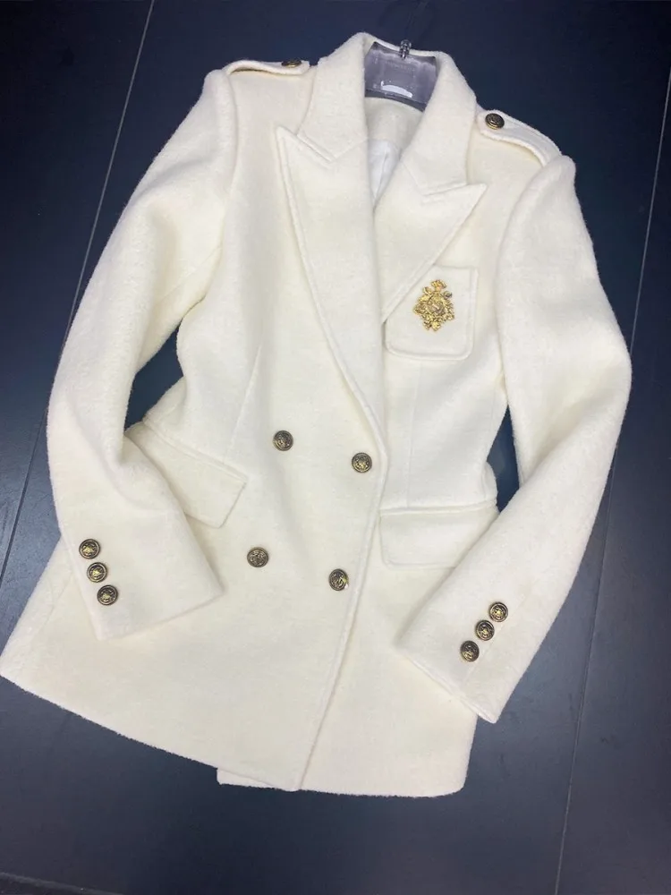 Blazer largo de lana con doble botonadura para mujer, chaqueta elegante con cuello de solapa, abrigo ajustado, traje de plumón cálido para oficina, invierno, nuevo