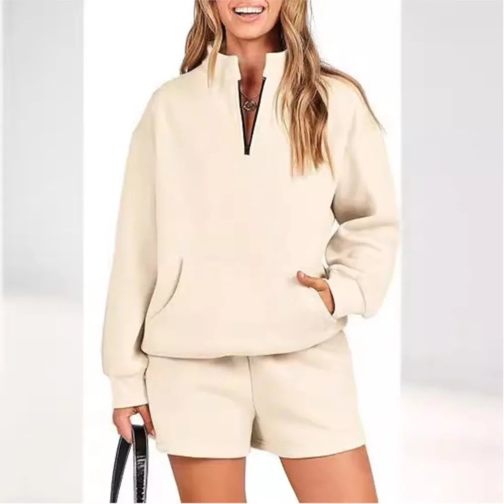 

2024 Autumn Women's Set Solid Color Hoodie Collar Zipper Insert Pocket Shorts Two Piece Set For Woman Outfits Tracksuit Femme
