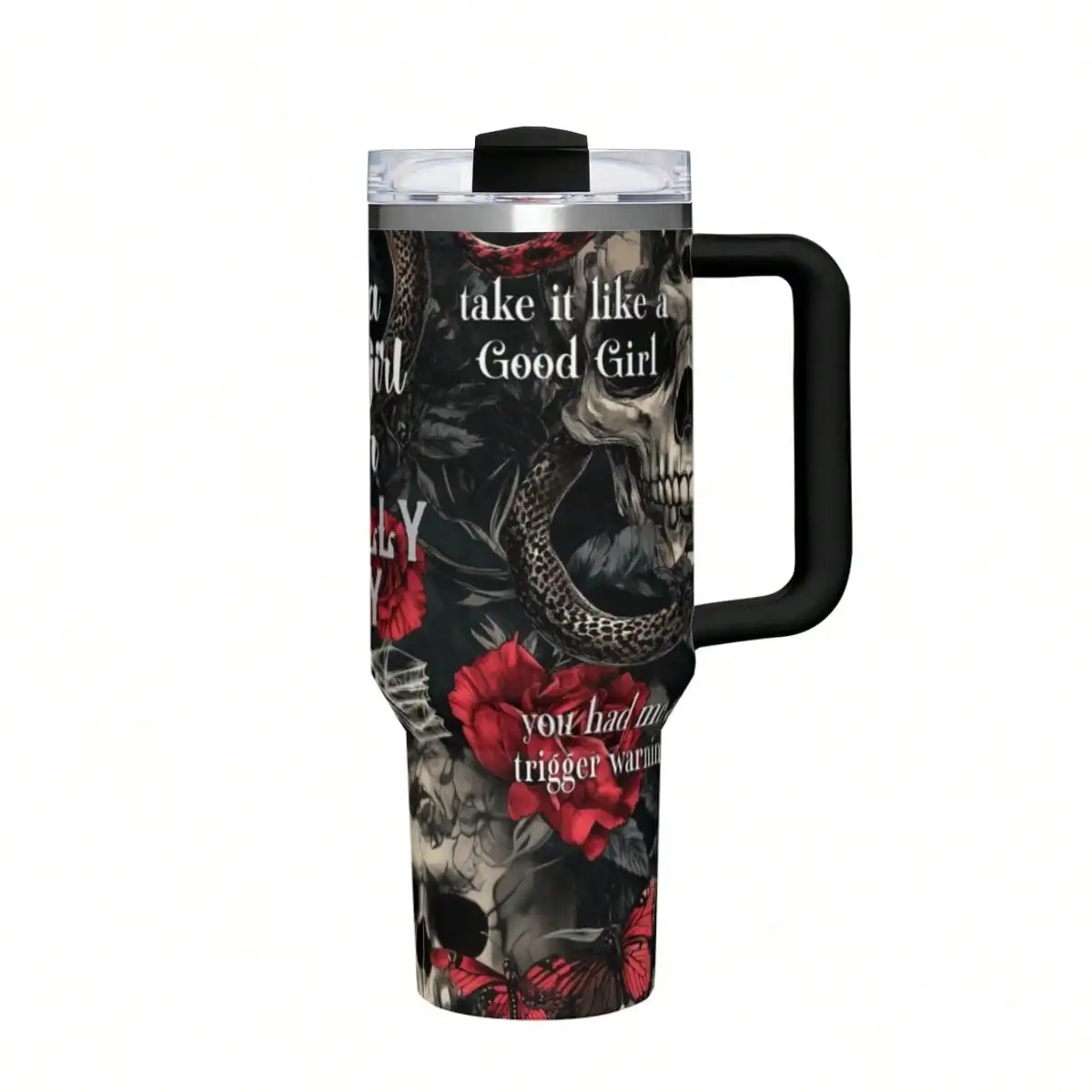 Matte Dark Charcoal 40 Oz Travel Tumbler With Black Handle, Gothic Skull, Red Rose, Floral Snake, Vintage Dark Romance Theme, Sh