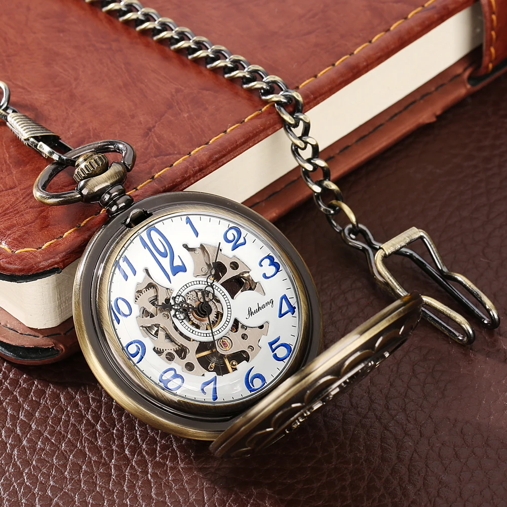 

Blue Arabic Numerals Dial Full Hunter Shield Mechanical Hand Winding Pocket Watch with Bronze Pocket Chain Vintage Pocket Clock