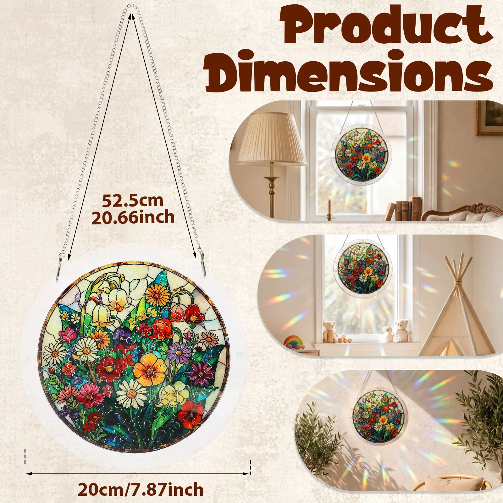 DIY Acrylic Puzzle Suncatcher Window Hanging Pendant Floral/Sunset Stream Design Irregular Puzzle Ornament with Chain Home Decor