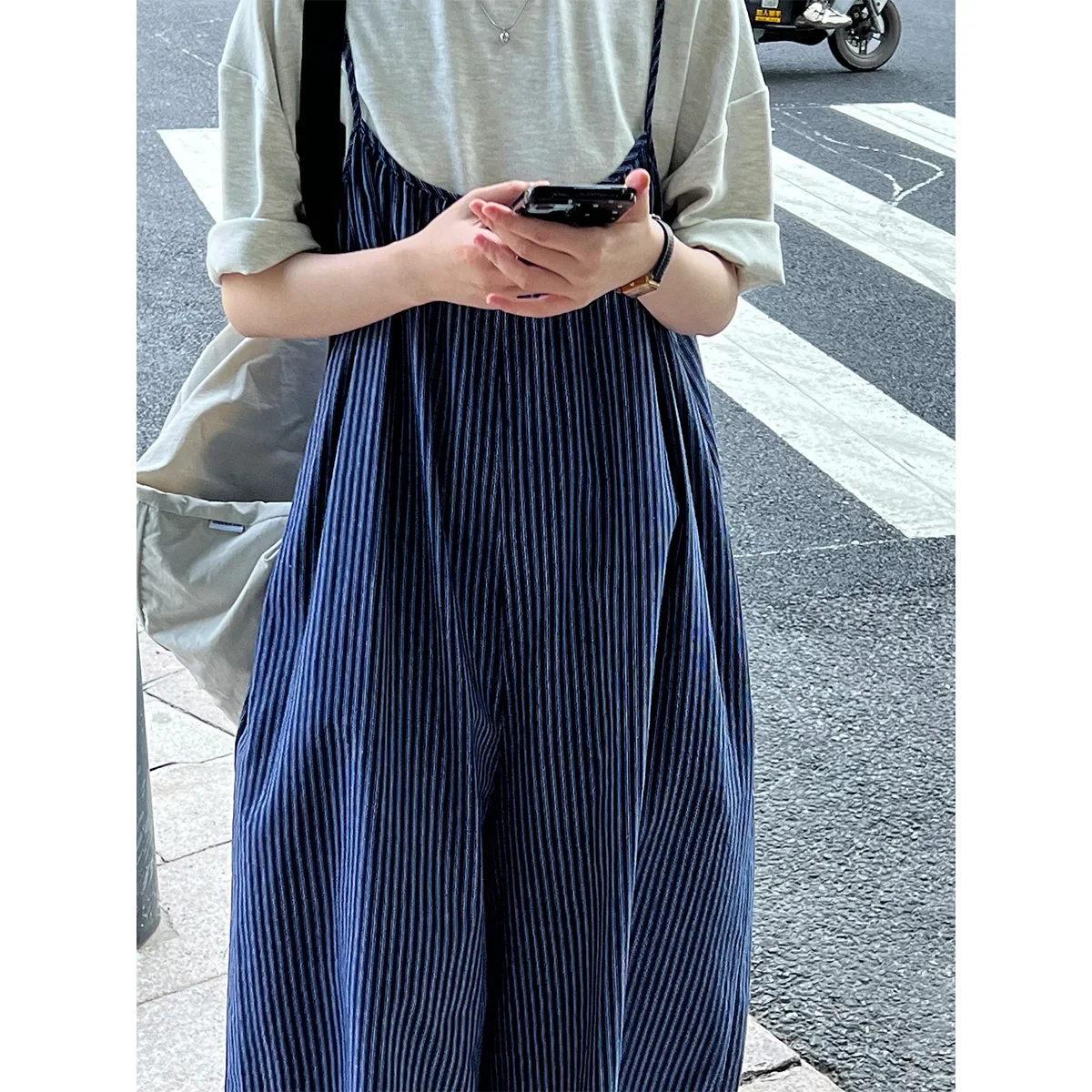 Blue Striped Wide Leg Overalls for Women's Summer Loose Casual Wide Leg Sling Jumpsuit Pants