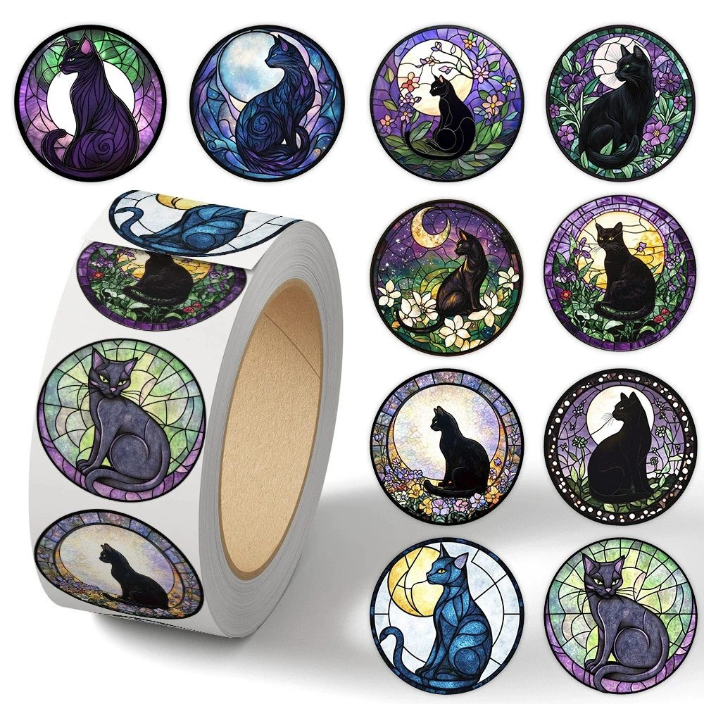 500 Stück niedliche Gothic-Kunstaufkleber mit schwarzer Katze, Rolle, Ästhetik, Buntglas-Cartoon-Aufkleber für Laptop, Sammelalbum, Kinder-Belohnungsaufkleber