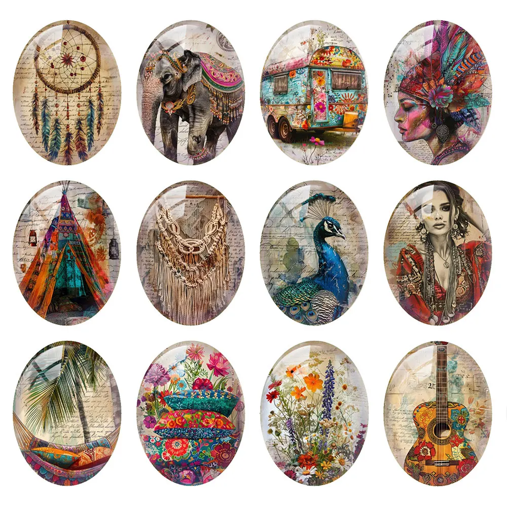 Random Mixed Round/Oval/Square Bohemian Ethnic Vintage Nomadic Photo Glass Cabochon Flatback Demo Cameo For Diy Jewelry Making