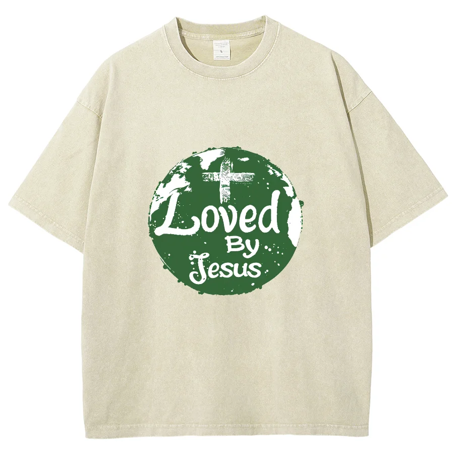 Loved By Jesus Y2k Washed Short Sleeves T Shirt, Cartoon Creative Printed Unisex Vintage Streetwear New Fashion Casual Plus-Size