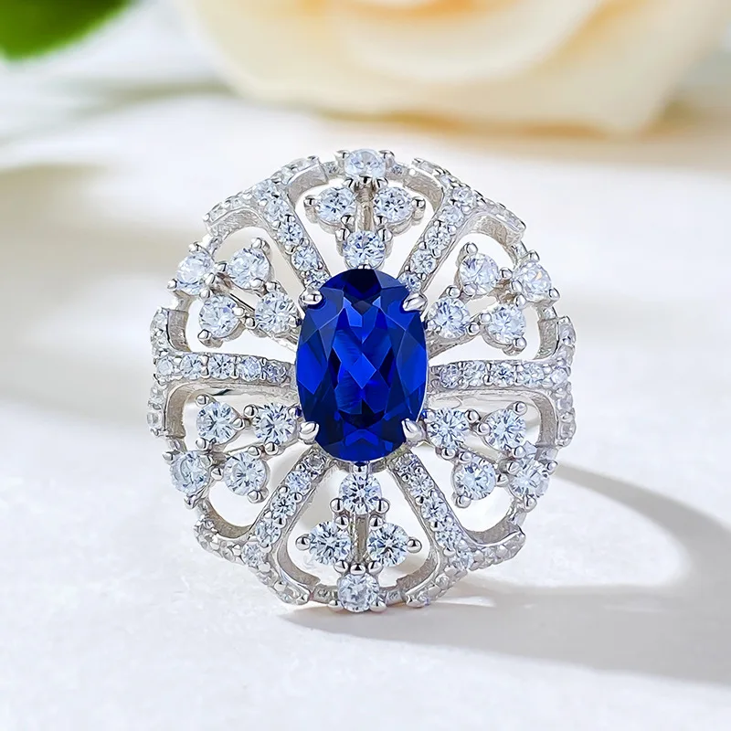 2024 New Full Body 925 Set 6 * 9 Royal Blue Bar European and American Light Luxury Women's Ring