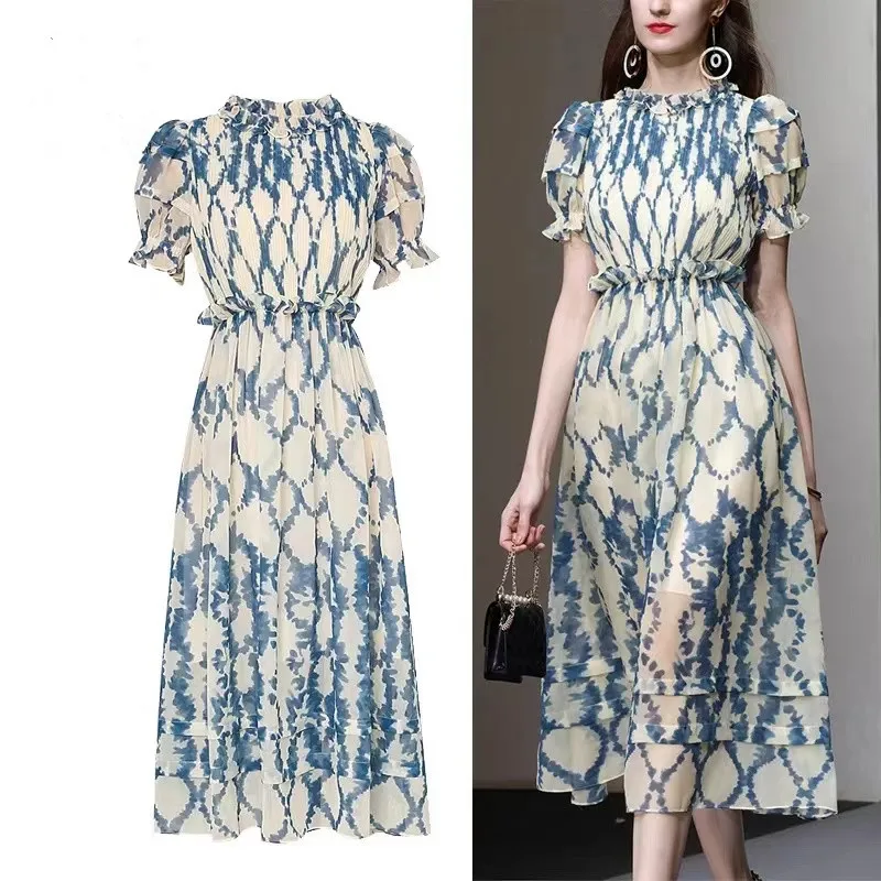 Runway Vintage Summer Organza Holiday Long Dress Elegant Women Ruffled Collar Flower Print Lantern Sleeve High Waist Vestidos