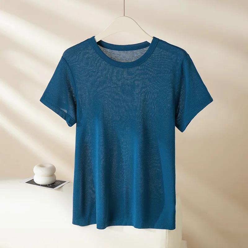 Women Short Sleeve Tees Lyocell Linen T Shirt Summer Light Weight Plain Crew Neck Tops