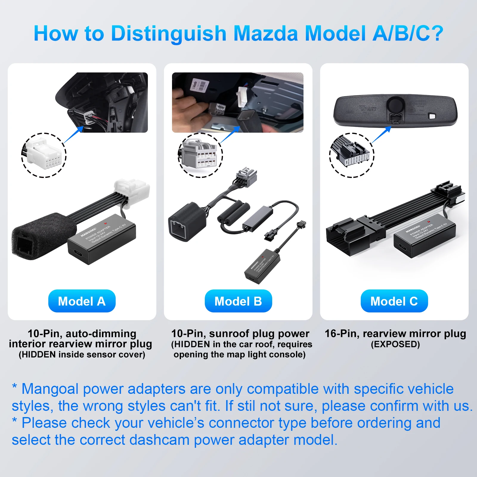 Mangoal Dash Cam Power Adapter For Mazda 6 CX3 CX5 CX9 CX30 CX50 MX30 (Model A/B/C) Plug and Play Type-C Mini Micro USB Adapter