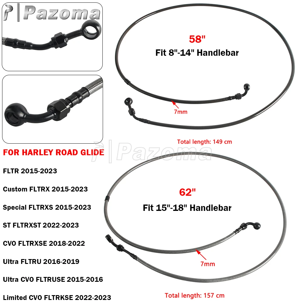 Motorcycle Extended Upper Brake Line 149cm 157cm For Harley Road Glide 2015-23 Front Stop Line Kit Fit 8"-14"/15"-18" Handlebar view 4