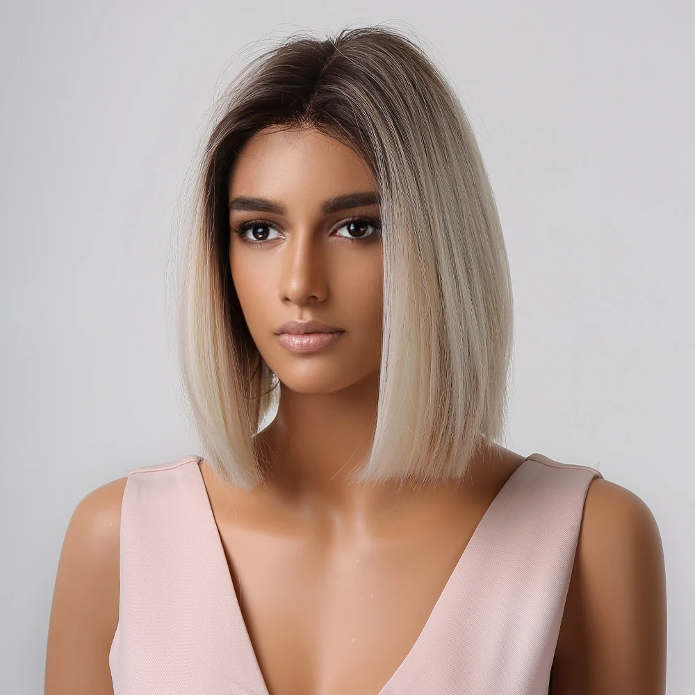 Short Straight Bob Wigs Ash Blonde Ombre Natural Hair Dark Root Synthetic Wigs Middle Part for Women Heat Resistant Cosplay Wigs