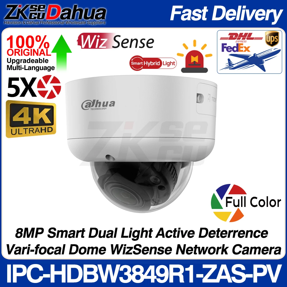 Dahua 스마트 듀얼 라이트 액티브 억제 위즈센스 네트워크 POE IP 카메라, 오리지널 IPC-HDBW3849R1-ZAS-PV S5 8MP, 4K 2.7-13.5mm 줌