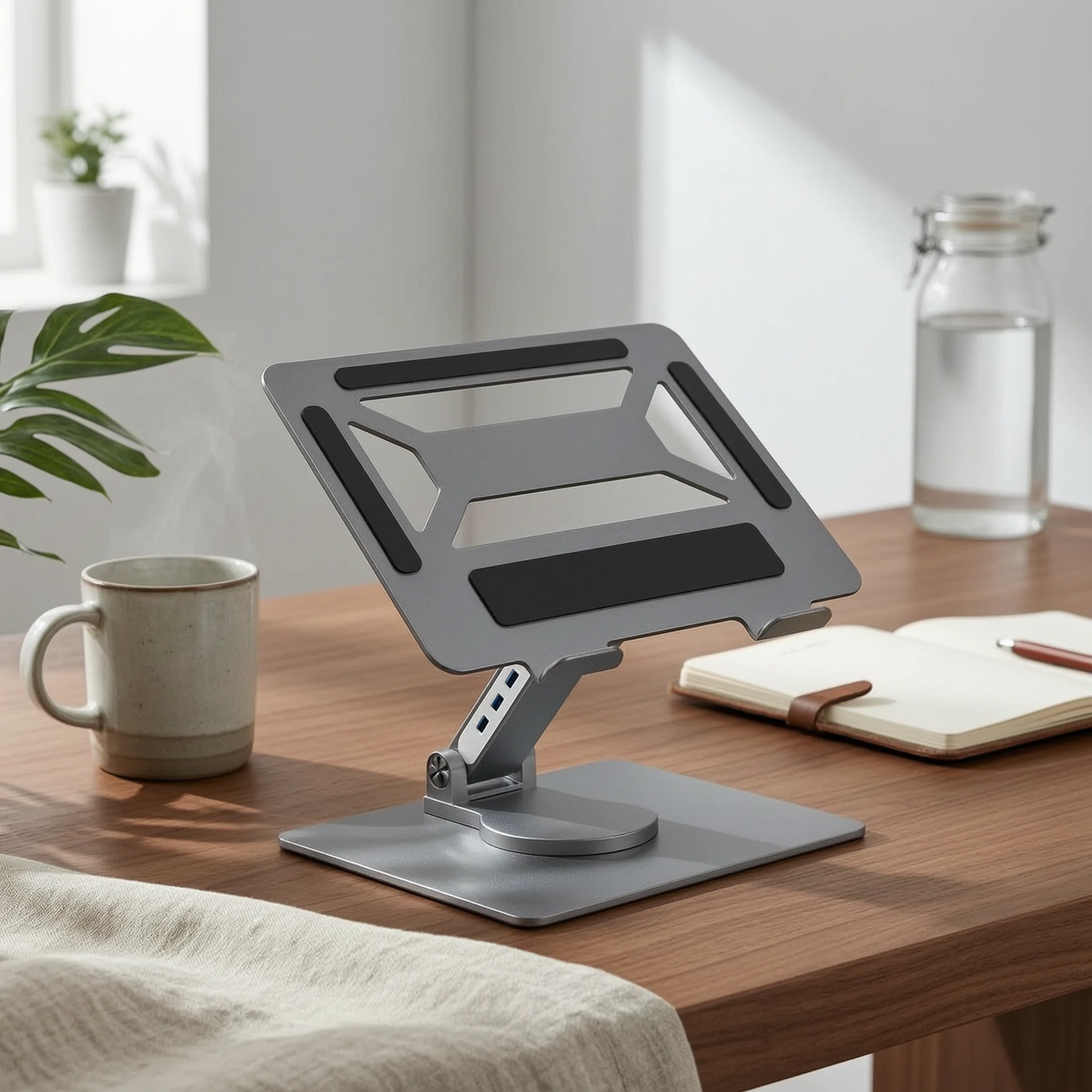 Foldable Adjustable Laptop Stand with Rotating Base Metal Riser with Side Ports Plug and Play Swivel Holder for Students