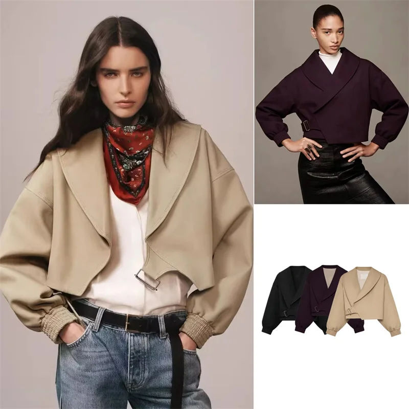 

Spring Summer New Women's Casual Long Sleeve Collared Short Commute Jacket Metal Buckle Side Closure Fashion Ladies Coat
