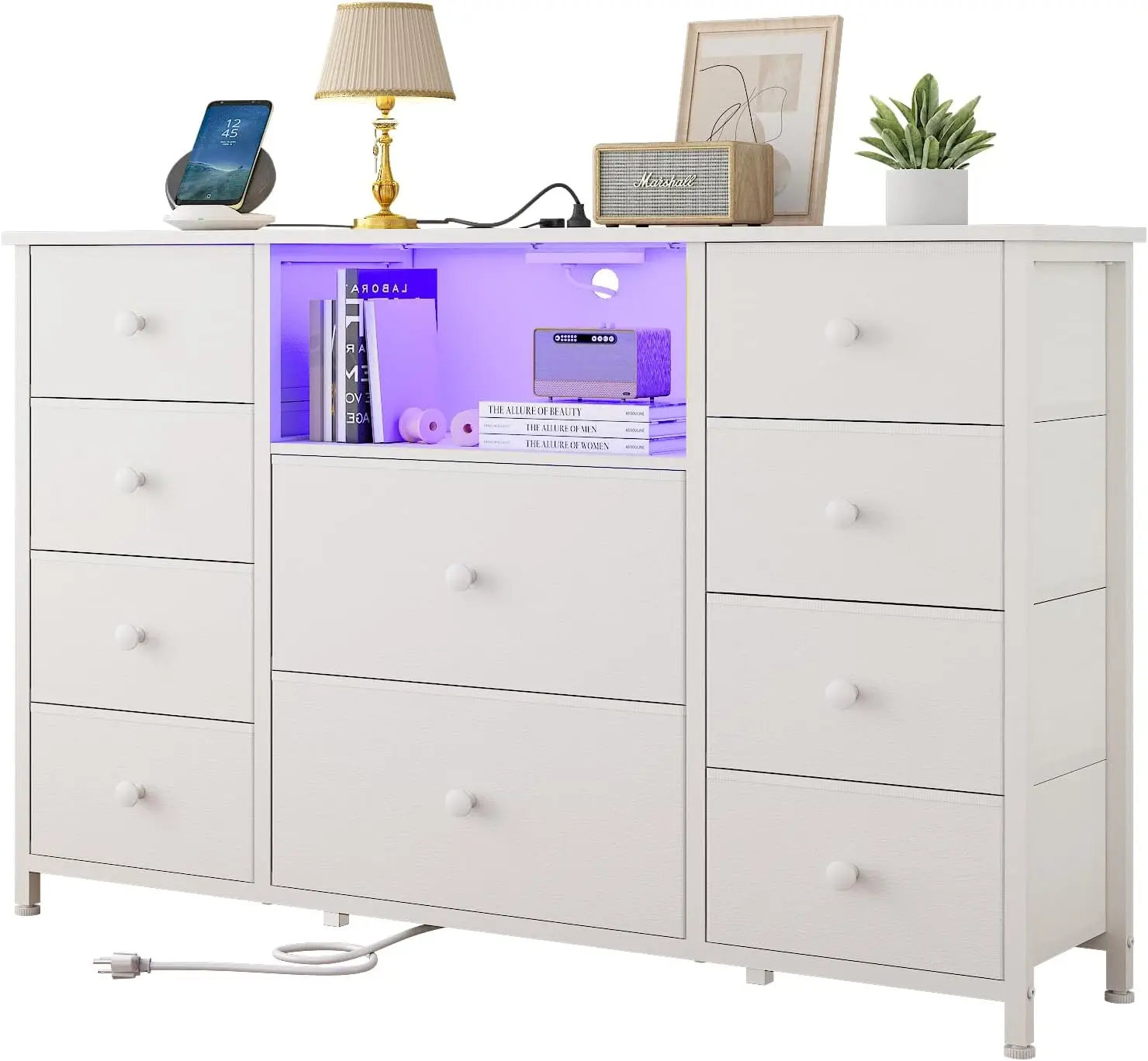 

LDTTCUK Dresser with Charging Station and LED Lights, Long Dresser for Bedroom Dresser TV Stand with 10 Drawers, Fabric Chest