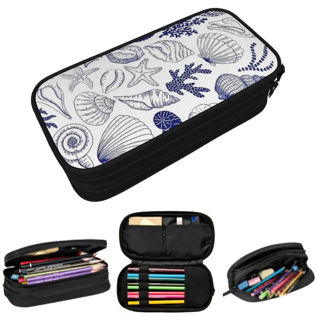 Blue Sketches Seashell Shell Conch Coast Pencil Case for Students School Pen Box Pencil Bag Stationery Supplies Pen Holder Bag