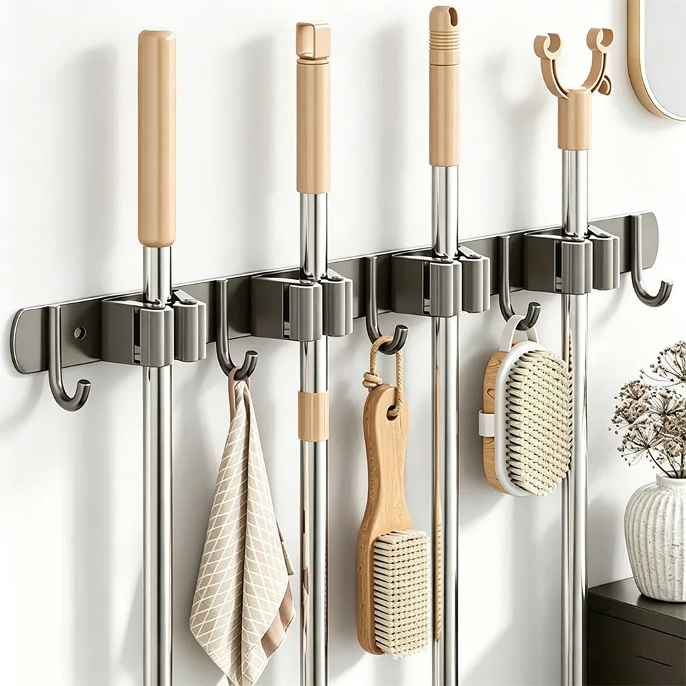 Punch-Free Stainless Steel Mop Holder Wall Mount Broom Organizer with Hooks for Bathroom