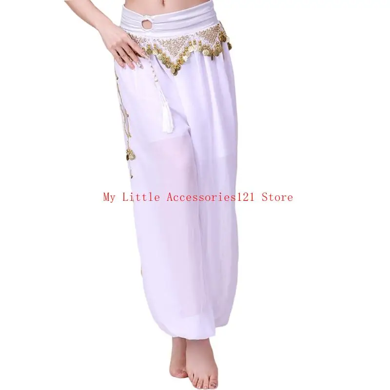  Belly Dance Costume Coin Lantern Pants Side Split Sequins Harems Pants Arabic Halloween Costume Accessory for Womens