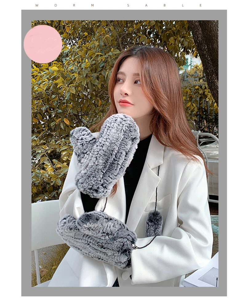 Women's Winter Real Rex Rabbit Fur Gloves Warm Thick Ladies Fur Mittens Elastic Girls Ski Glove Mitts Elastic Soft With String