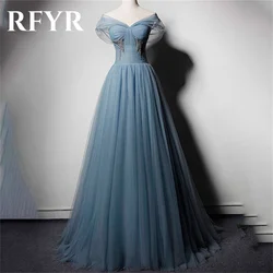 RFYR Blue A-line Evening Dresses Corset V-Neck Vestidos De Noche Tulle Prom Dress with Pleat Off The Shoulder Long Party Dress