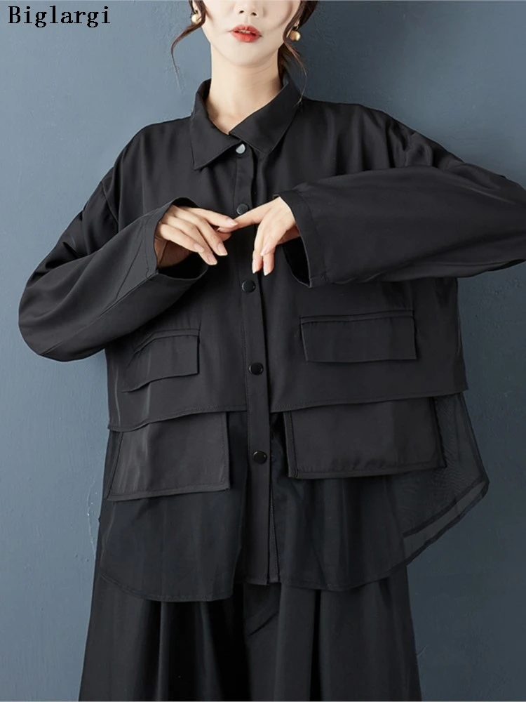 

Осенние рубашки большого размера, женские сетчатые лоскутные нерегулярные свободные модные женские укороченные блузки, повседневная женская рубашка