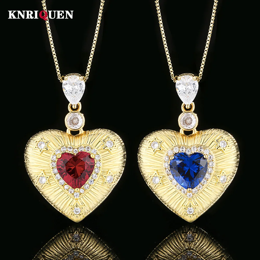 

Vintage 10*10mm Ruby Sapphire Heart-Shaped Pendant Necklace for Women Gemstone Cocktail Party Fine Jewelry Lady Gift Accessories