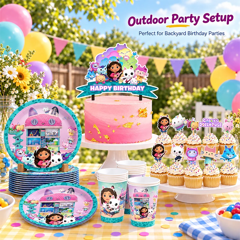 Pink Gabby Cartoon Movie Themed  Doll Paper Plate Cups Cake Flag Cupcake Combination for Celebrating Birthday Party Gifts - view 3