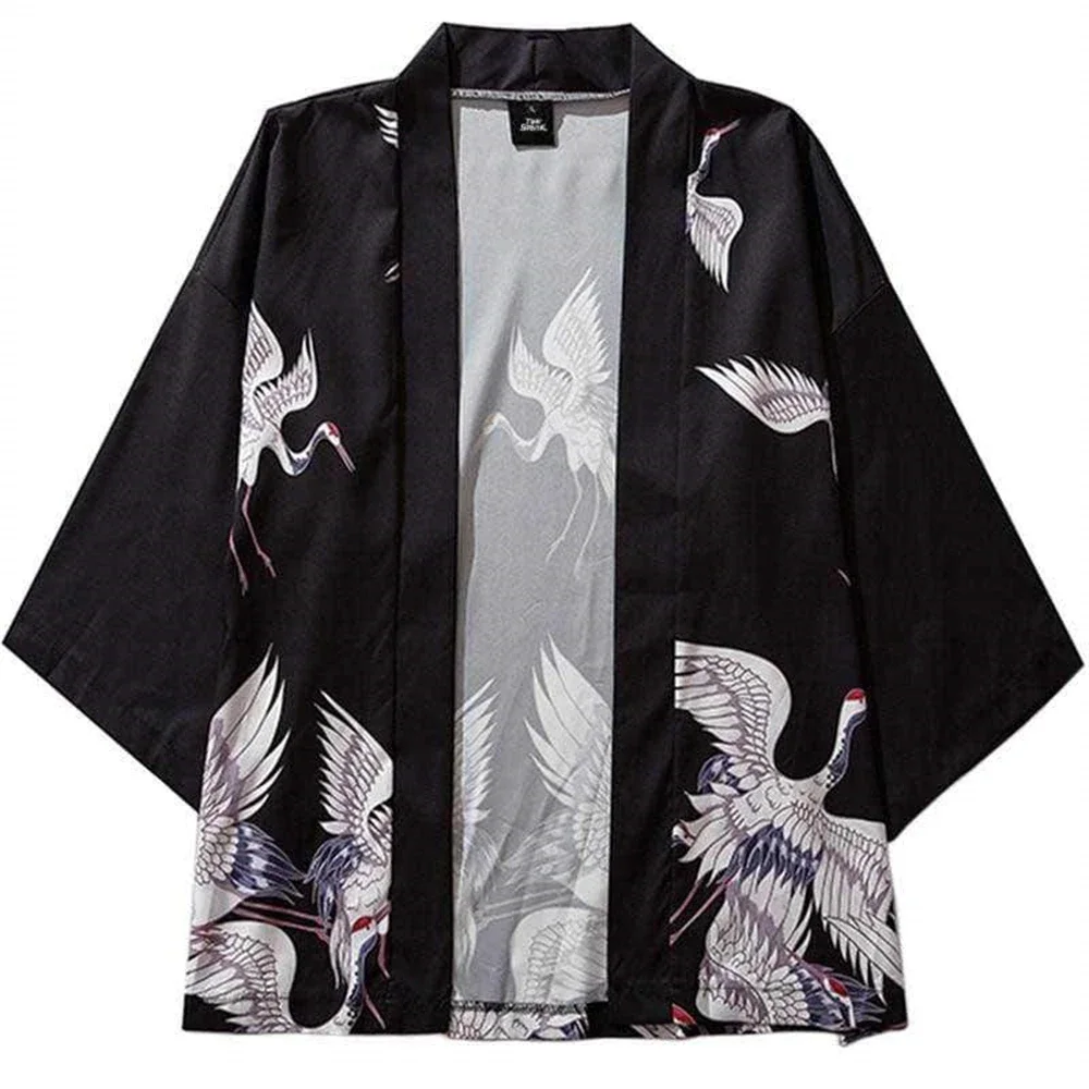 

Street Fashion Men's Cardigan Kimono Crane Print Daily Casual Men's Top Loose Fashion Three-quarter Sleeve Kimono Handsome