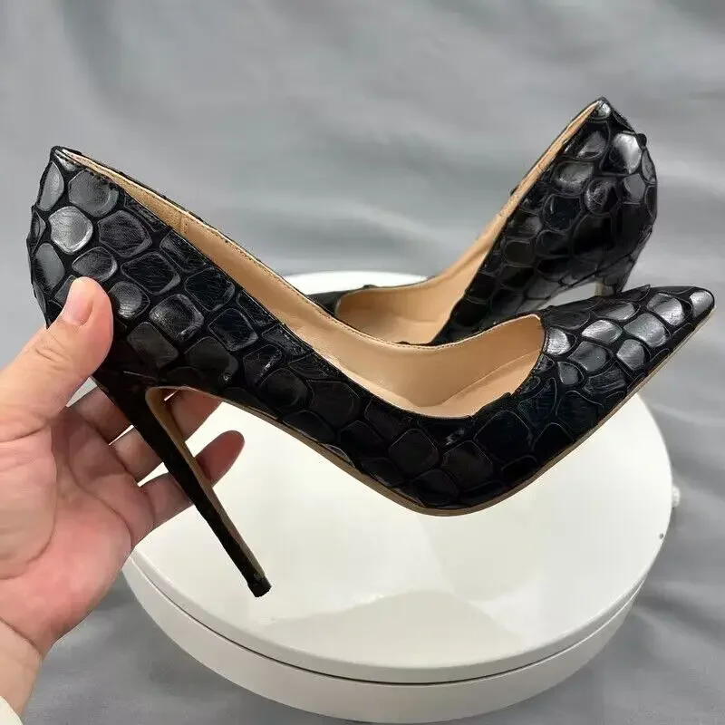 Fashion 2024 Classic Women's High Heels Snakeskin Leather Wedding Party Shoes Women 8 / 10 / 12 Cm Plus Size 43 44 45