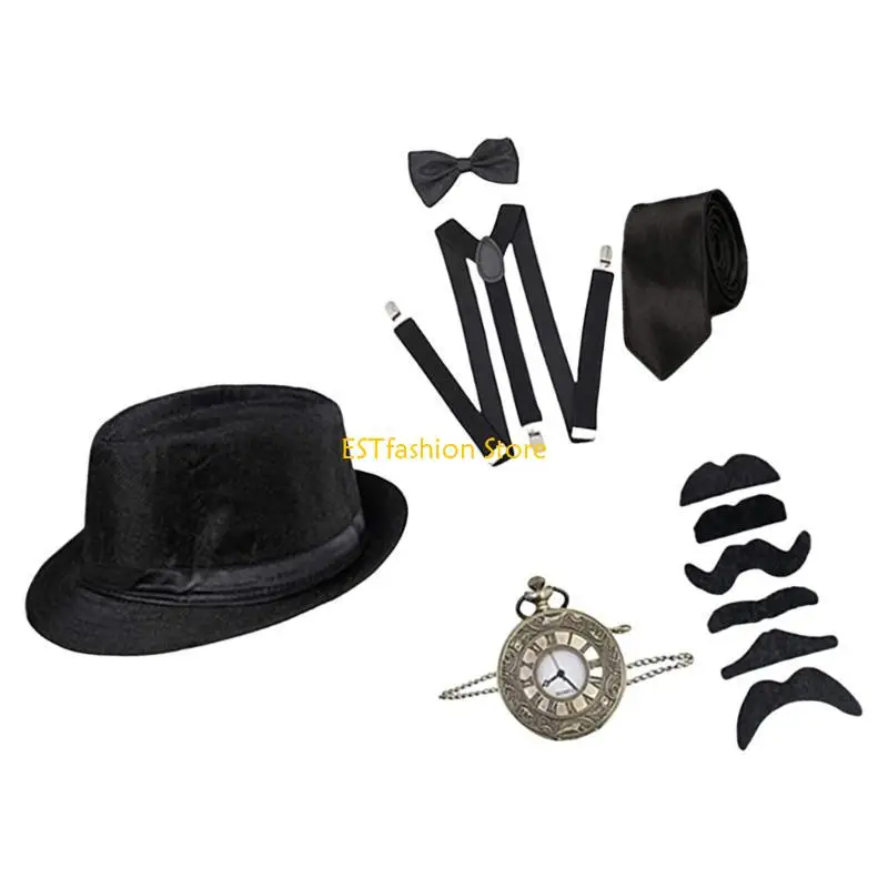 Y5GC 1920s เครื่องแต่งกายบุรุษอุปกรณ์เสริม,roaring 20s ชุด Fedoras หมวกนาฬิกาพ็อกเก็ต Suspenders Bowtie Tie หนวดเครา