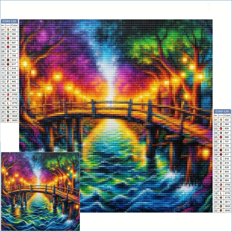 

DIY Diamond Painting Full Square Round Drill Wooden Bridge Over Water Sparkling Blue Waves Mosaic Handicraft Home Decoration
